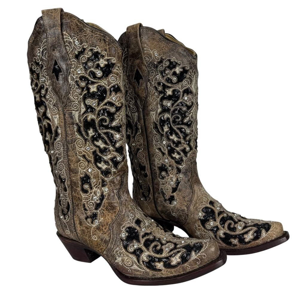 Corral Black Glitter Inlay Floral Overlay Snip Toe Boots A3569 Size 7